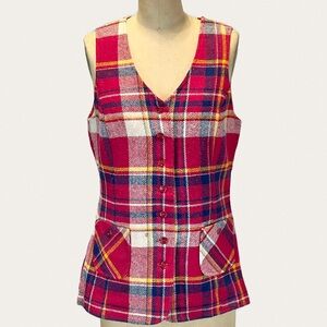 VINTAGE 60s tartan plaid wool sleeveless vest button front‎ women schoolgirl 70s